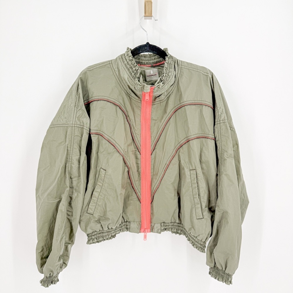 Olive Green Bomber Jacket with Coral Zipper